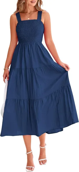 PRETTYGARDEN Midi Dress for Women 2025 Summer Smocked Ruffle A Line Long Flowy Dresses Cute Sleeveless Beach Sundress