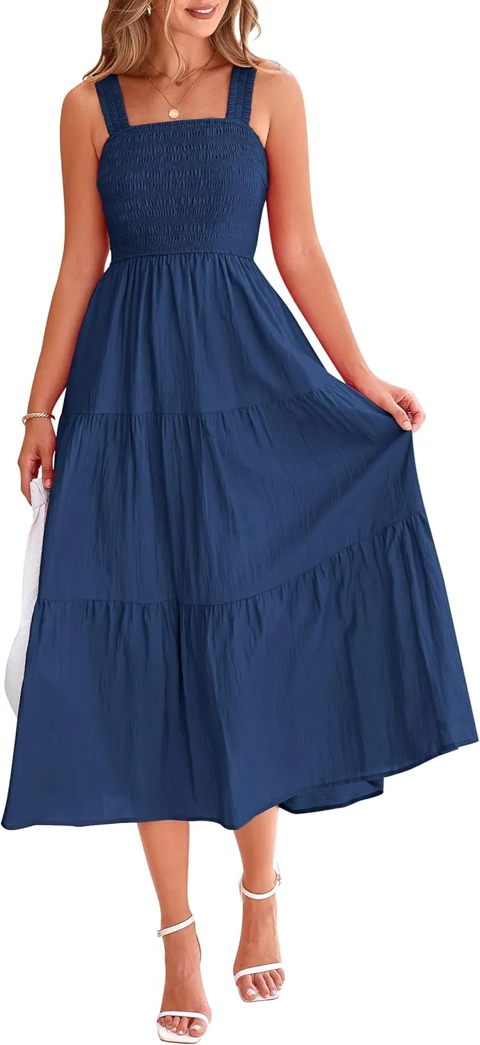PRETTYGARDEN Midi Dress for Women 2025 Summer Smocked Ruffle A Line Long Flowy Dresses Cute Sleeveless Beach Sundress