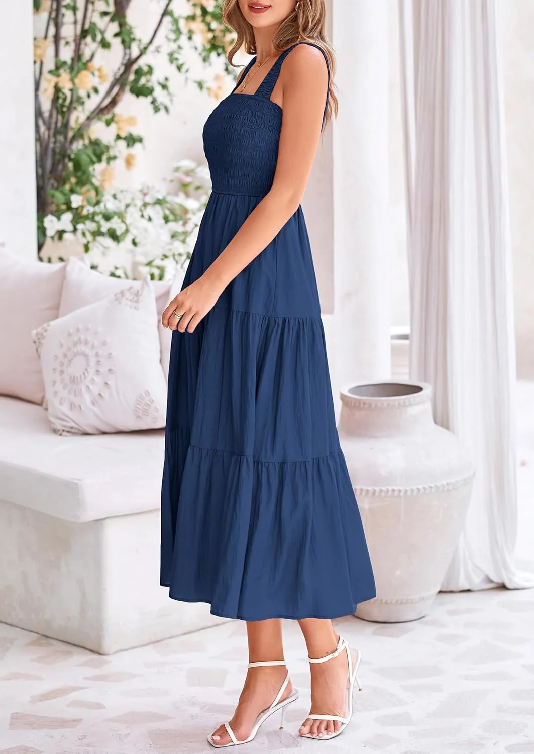 PRETTYGARDEN Midi Dress for Women 2025 Summer Smocked Ruffle A Line Long Flowy Dresses Cute Sleeveless Beach Sundress
