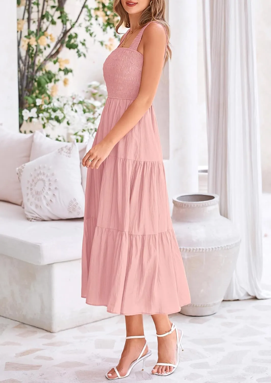PRETTYGARDEN Midi Dress for Women 2025 Summer Smocked Ruffle A Line Long Flowy Dresses Cute Sleeveless Beach Sundress