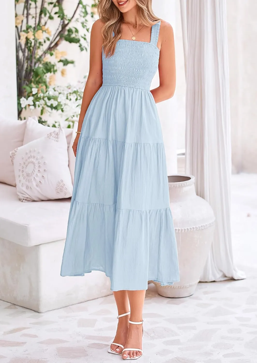 PRETTYGARDEN Midi Dress for Women 2025 Summer Smocked Ruffle A Line Long Flowy Dresses Cute Sleeveless Beach Sundress