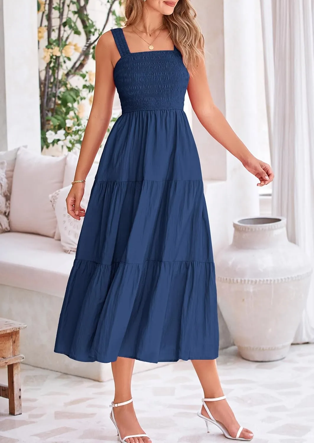 PRETTYGARDEN Midi Dress for Women 2025 Summer Smocked Ruffle A Line Long Flowy Dresses Cute Sleeveless Beach Sundress