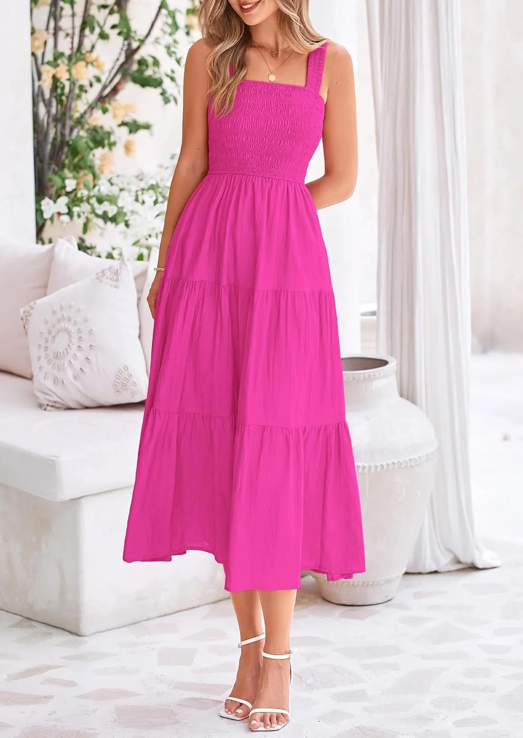 PRETTYGARDEN Midi Dress for Women 2025 Summer Smocked Ruffle A Line Long Flowy Dresses Cute Sleeveless Beach Sundress