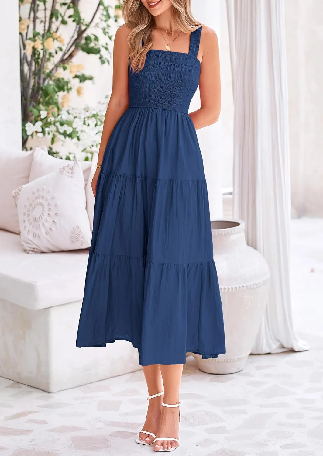 PRETTYGARDEN Midi Dress for Women 2025 Summer Smocked Ruffle A Line Long Flowy Dresses Cute Sleeveless Beach Sundress