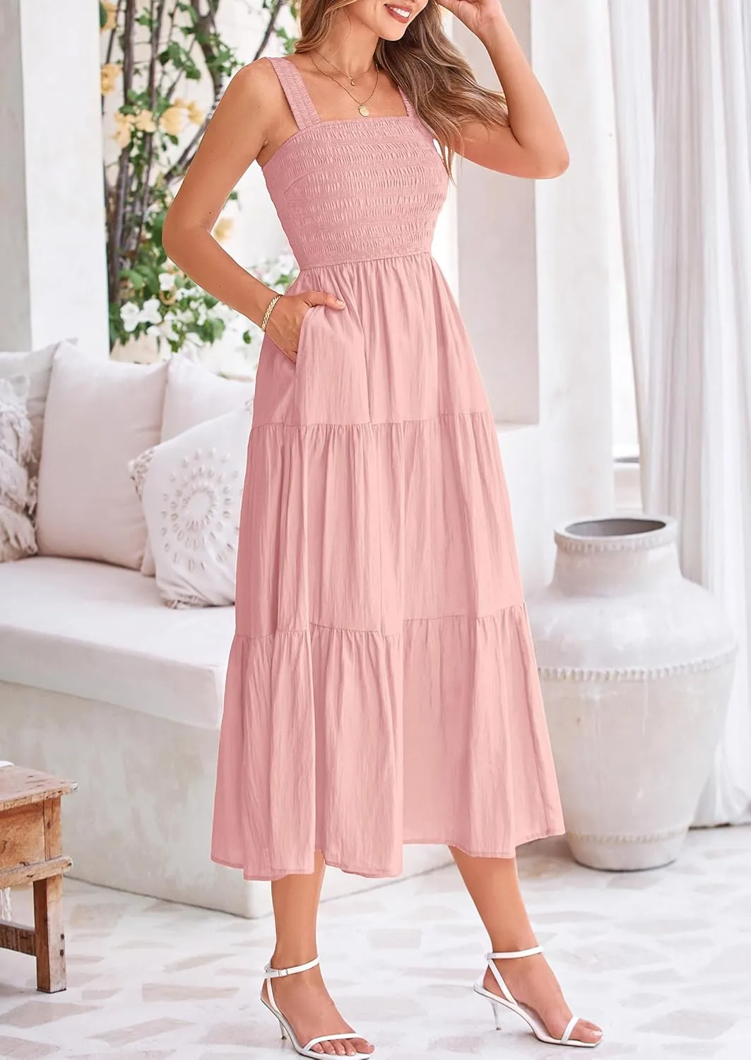 PRETTYGARDEN Midi Dress for Women 2025 Summer Smocked Ruffle A Line Long Flowy Dresses Cute Sleeveless Beach Sundress