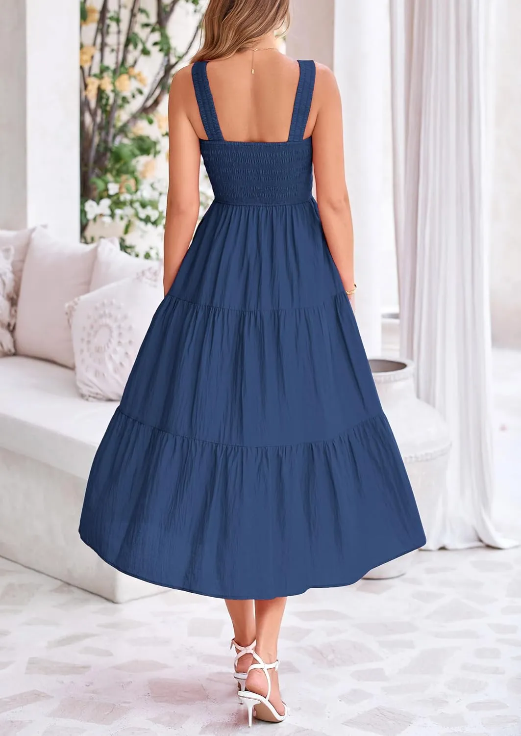 PRETTYGARDEN Midi Dress for Women 2025 Summer Smocked Ruffle A Line Long Flowy Dresses Cute Sleeveless Beach Sundress