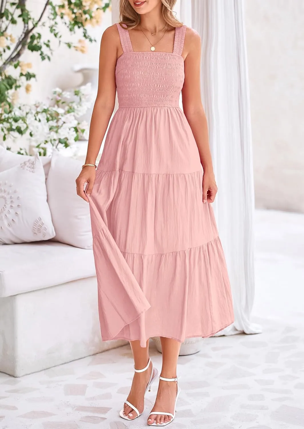 PRETTYGARDEN Midi Dress for Women 2025 Summer Smocked Ruffle A Line Long Flowy Dresses Cute Sleeveless Beach Sundress