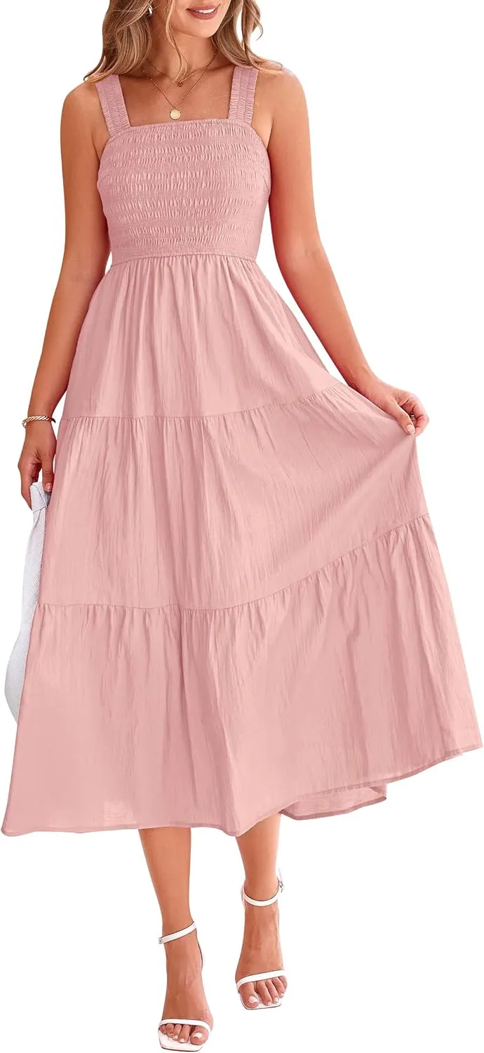 PRETTYGARDEN Midi Dress for Women 2025 Summer Smocked Ruffle A Line Long Flowy Dresses Cute Sleeveless Beach Sundress