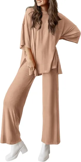 PRETTYGARDEN Women's 2 Piece Outfits Casual Short Sleeve Pullover Tops and Wide Leg Pants Lounge Sets Tracksuits