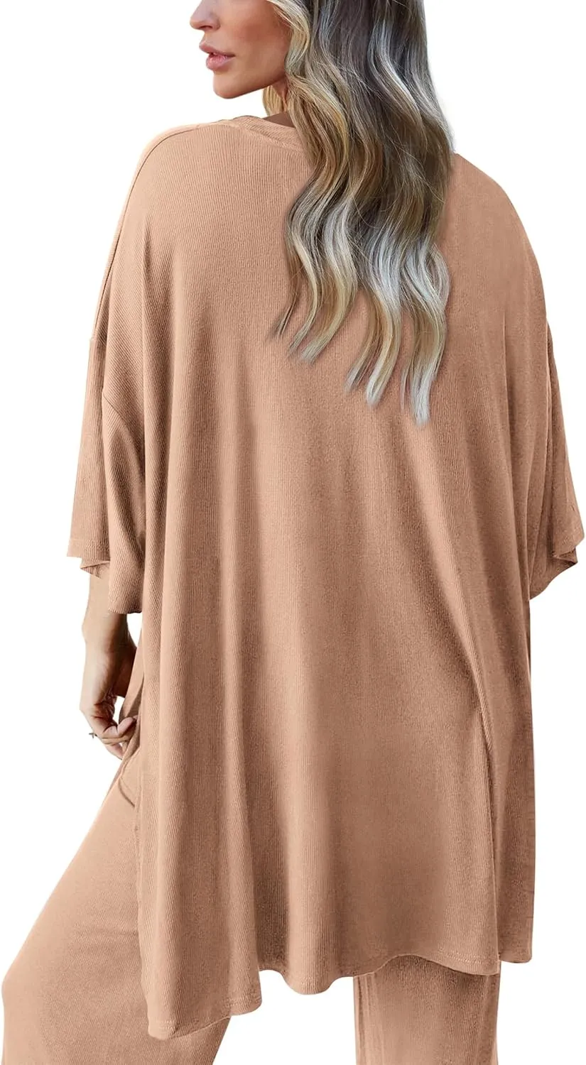 PRETTYGARDEN Women's 2 Piece Outfits Casual Short Sleeve Pullover Tops and Wide Leg Pants Lounge Sets Tracksuits