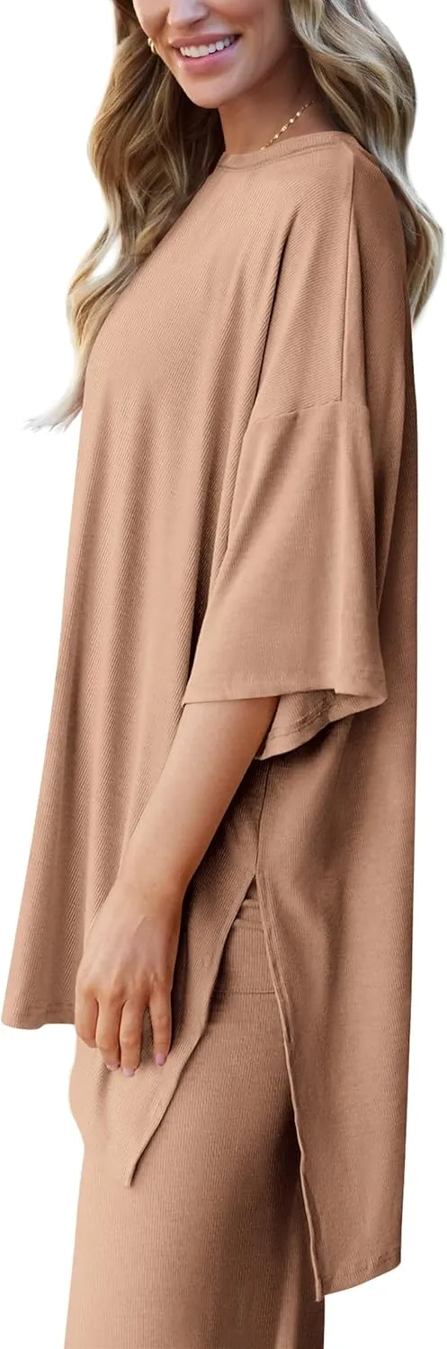 PRETTYGARDEN Women's 2 Piece Outfits Casual Short Sleeve Pullover Tops and Wide Leg Pants Lounge Sets Tracksuits