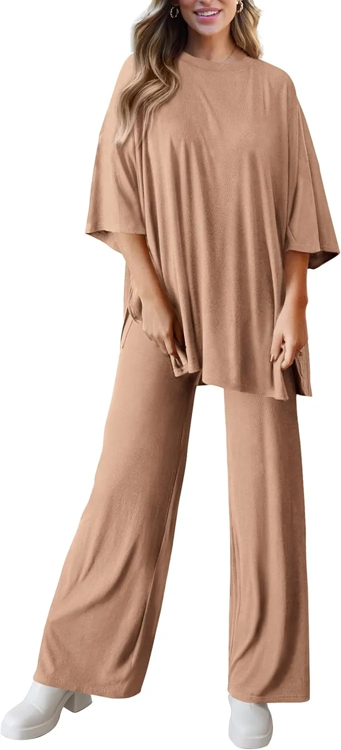 PRETTYGARDEN Women's 2 Piece Outfits Casual Short Sleeve Pullover Tops and Wide Leg Pants Lounge Sets Tracksuits