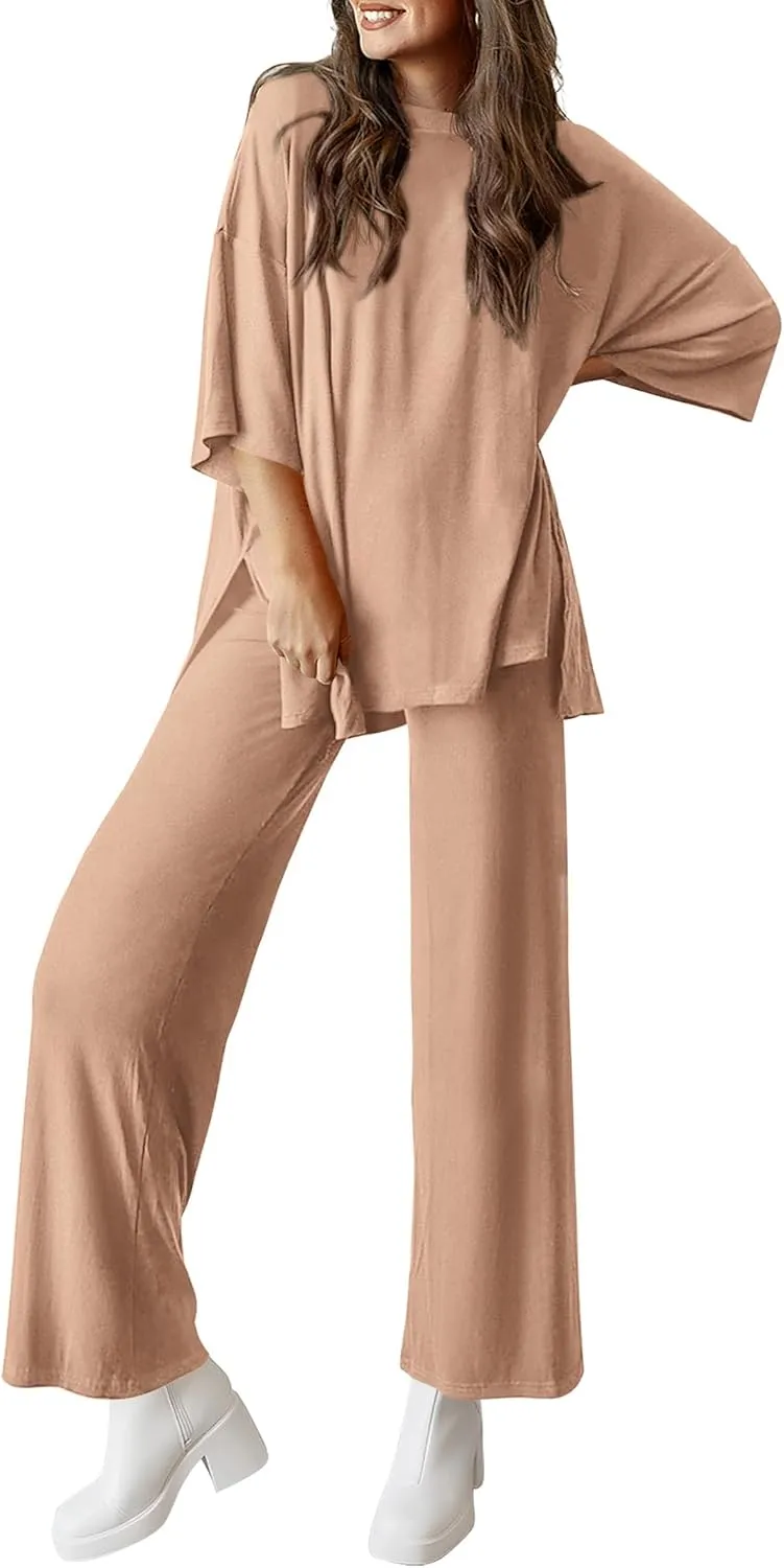 PRETTYGARDEN Women's 2 Piece Outfits Casual Short Sleeve Pullover Tops and Wide Leg Pants Lounge Sets Tracksuits