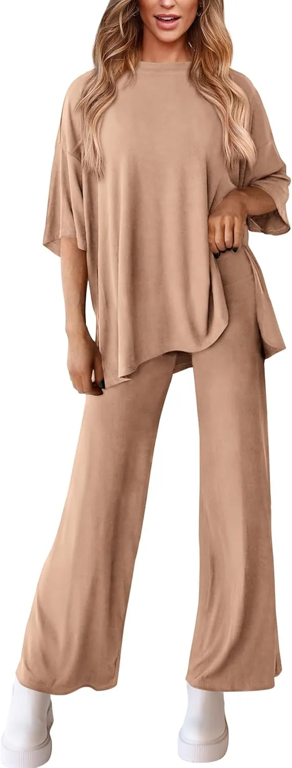 PRETTYGARDEN Women's 2 Piece Outfits Casual Short Sleeve Pullover Tops and Wide Leg Pants Lounge Sets Tracksuits