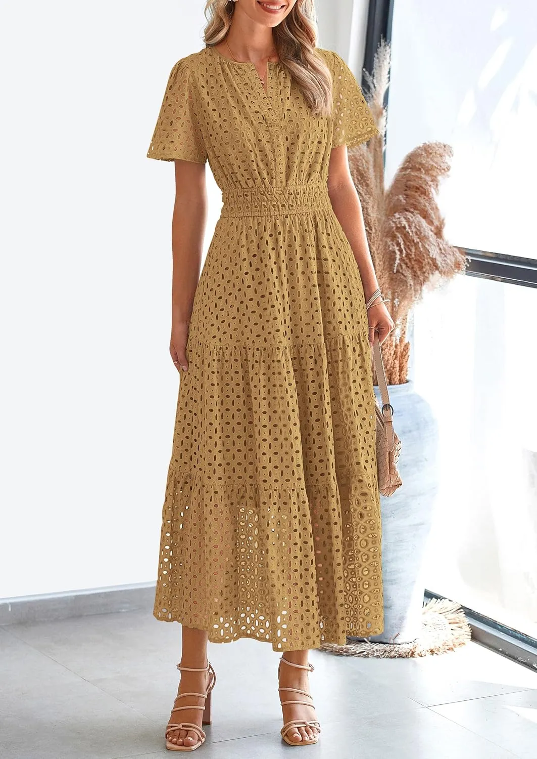 PRETTYGARDEN Womens 2025 Summer Maxi Dress Short Sleeve V Neck Hollow Out Eyelet A Line Long Flowy Beach Vacation Dresses