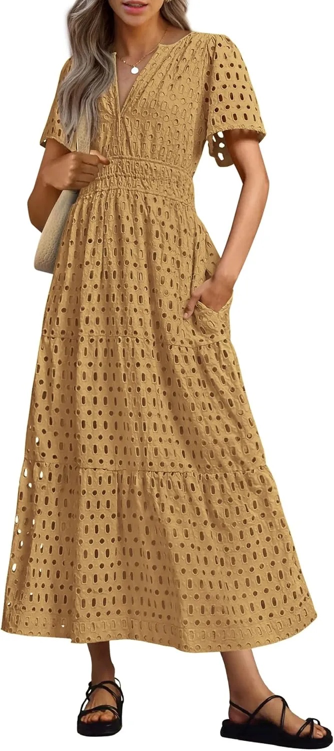 PRETTYGARDEN Womens 2025 Summer Maxi Dress Short Sleeve V Neck Hollow Out Eyelet A Line Long Flowy Beach Vacation Dresses