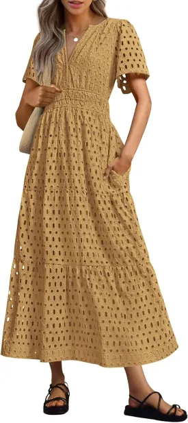 PRETTYGARDEN Womens 2025 Summer Maxi Dress Short Sleeve V Neck Hollow Out Eyelet A Line Long Flowy Beach Vacation Dresses