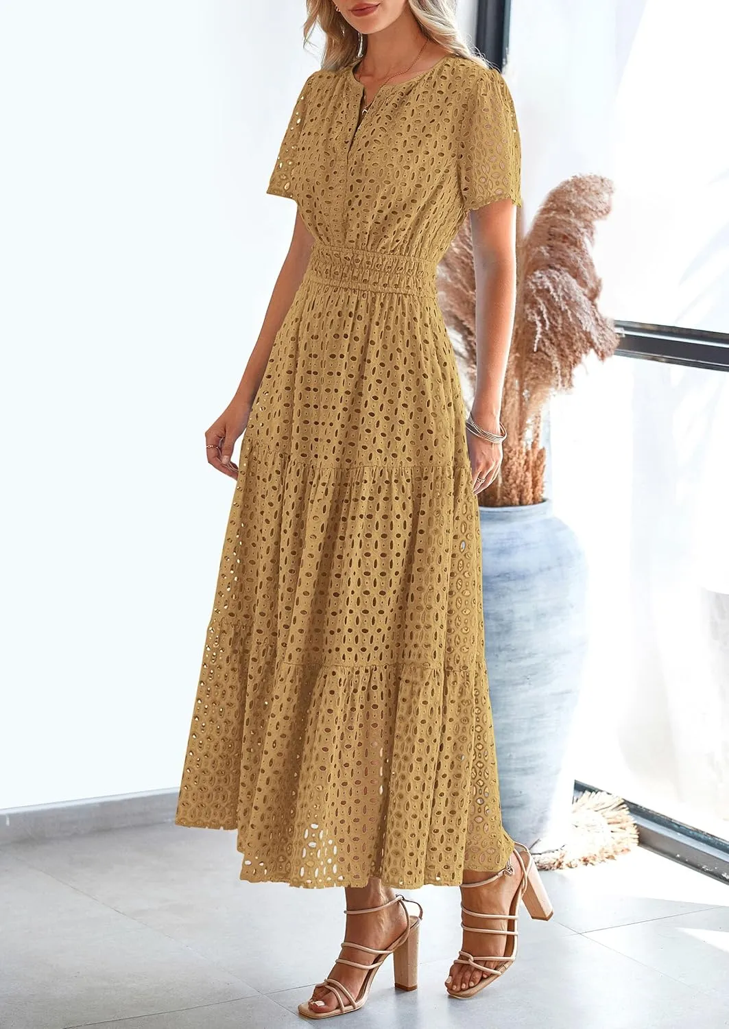 PRETTYGARDEN Womens 2025 Summer Maxi Dress Short Sleeve V Neck Hollow Out Eyelet A Line Long Flowy Beach Vacation Dresses