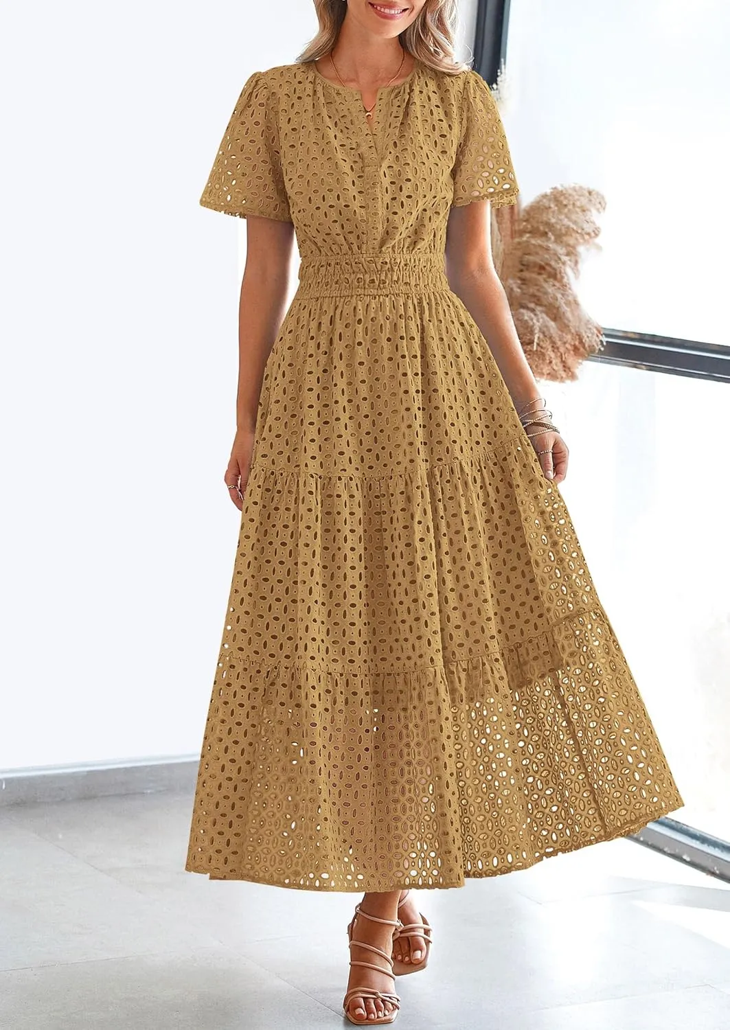 PRETTYGARDEN Womens 2025 Summer Maxi Dress Short Sleeve V Neck Hollow Out Eyelet A Line Long Flowy Beach Vacation Dresses