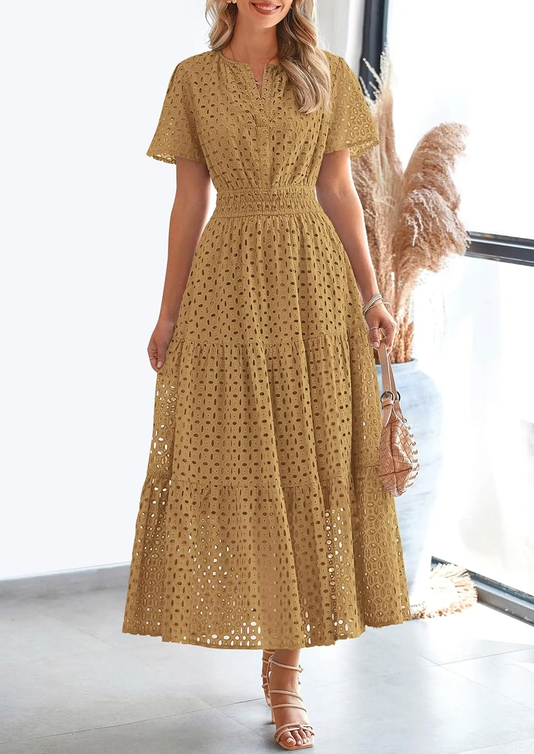 PRETTYGARDEN Womens 2025 Summer Maxi Dress Short Sleeve V Neck Hollow Out Eyelet A Line Long Flowy Beach Vacation Dresses