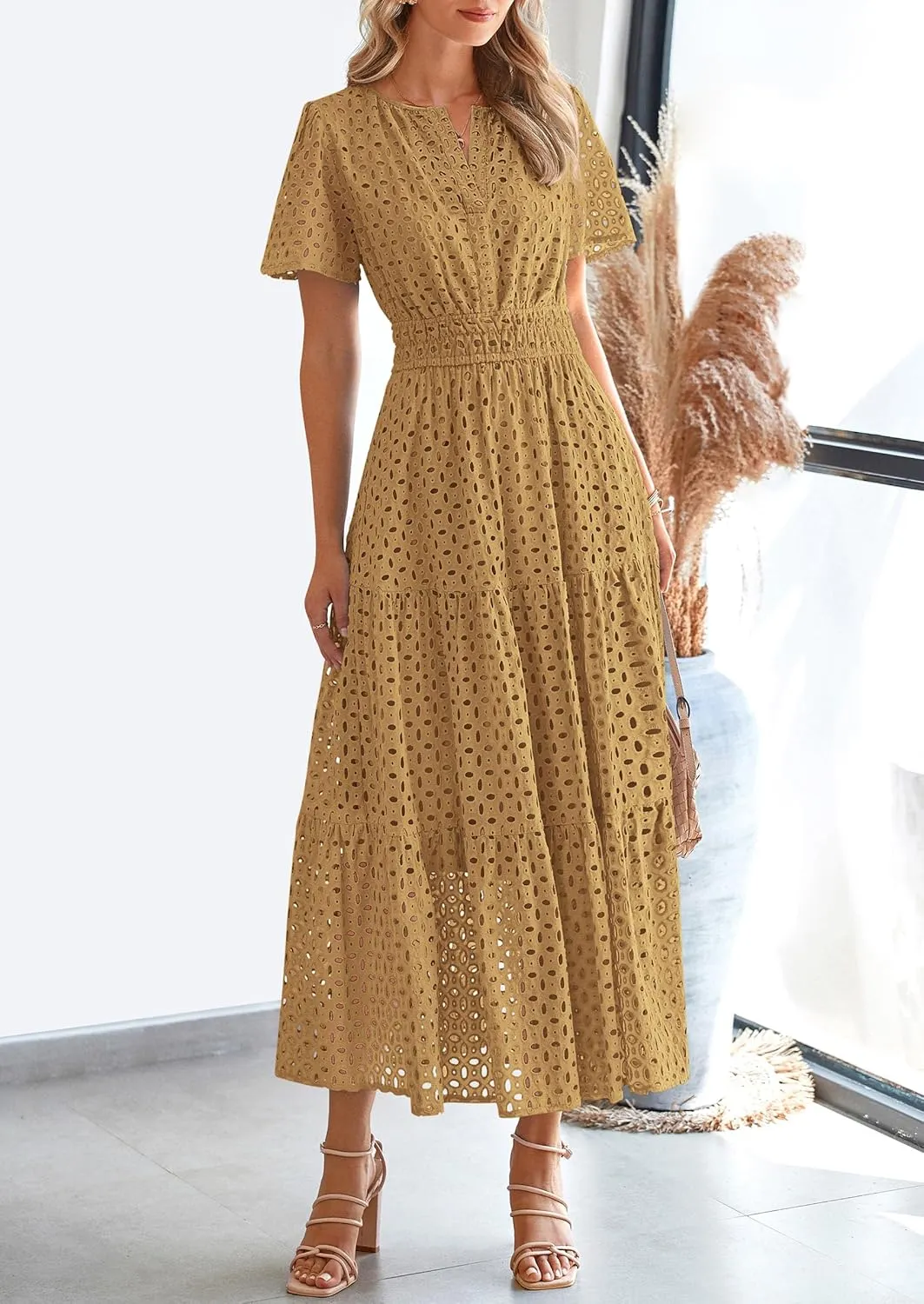 PRETTYGARDEN Womens 2025 Summer Maxi Dress Short Sleeve V Neck Hollow Out Eyelet A Line Long Flowy Beach Vacation Dresses