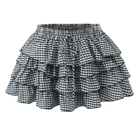 Retro Plaid Cake Short Ruffles Bubble Skirt