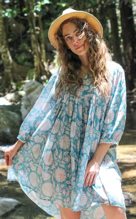 River Goddess 100% Cotton Short Dress Hawa Sky Sunflower