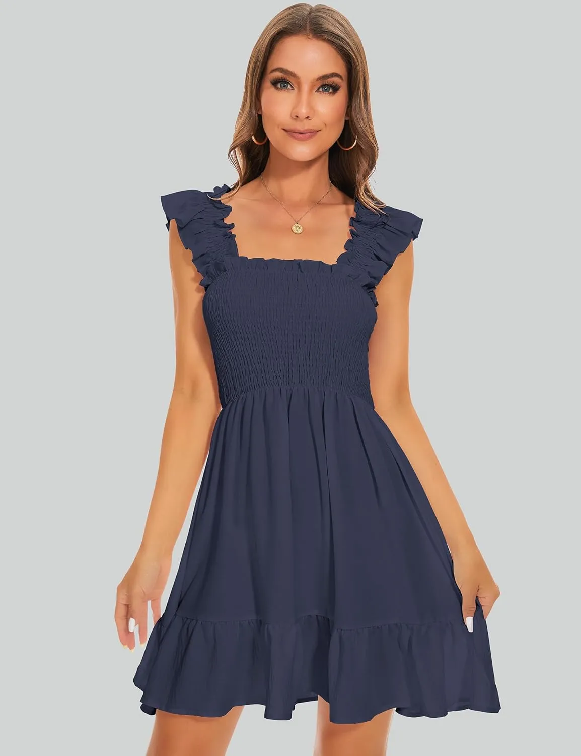 ROYLAMP Women's Smocked Dresses Square Neck Elegant Tiered Boho Ruffle Shoulder Swing Flowy Summer Casual Mini Dress