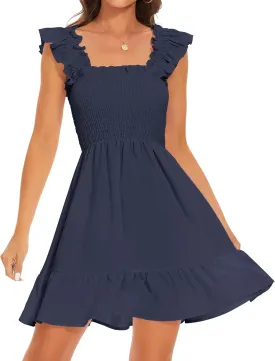 ROYLAMP Women's Smocked Dresses Square Neck Elegant Tiered Boho Ruffle Shoulder Swing Flowy Summer Casual Mini Dress
