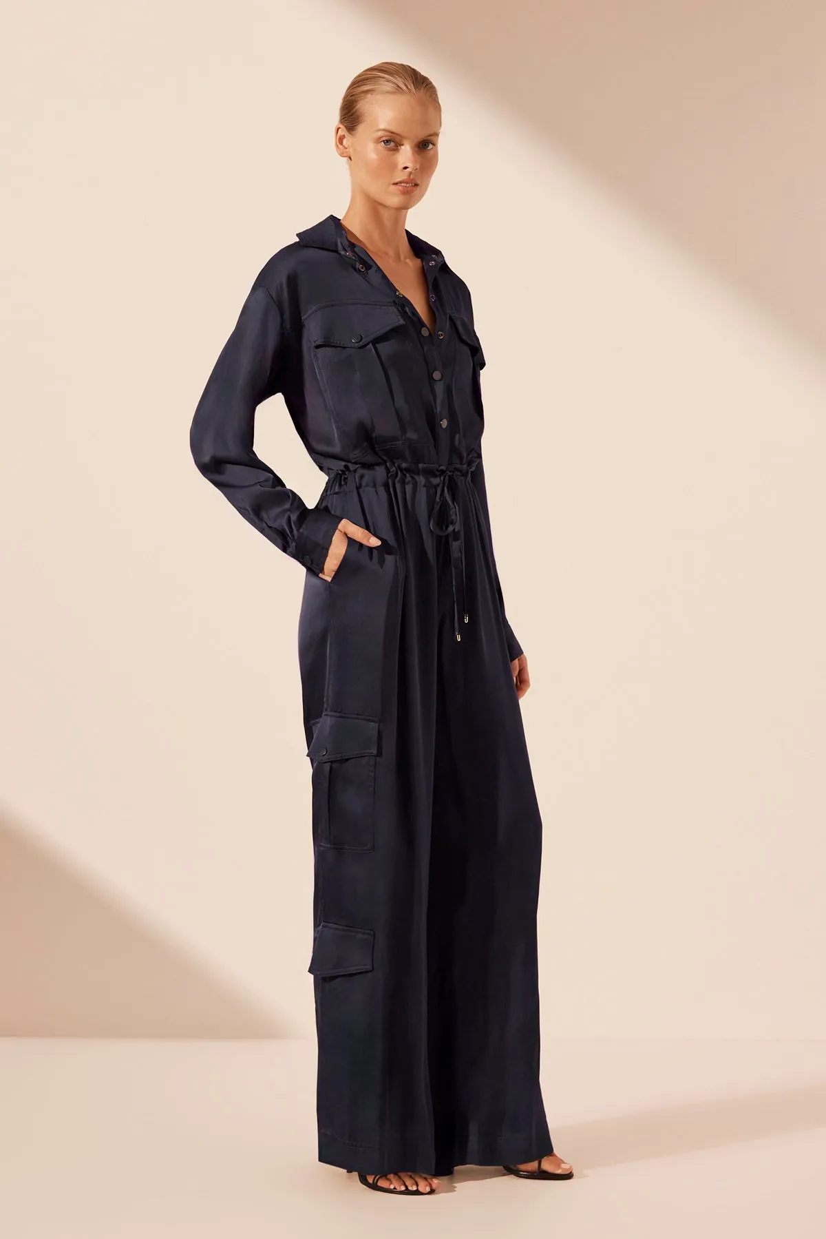 SHAE DRAWSTRING UTILITY JUMPSUIT - AEGEAN BLUE