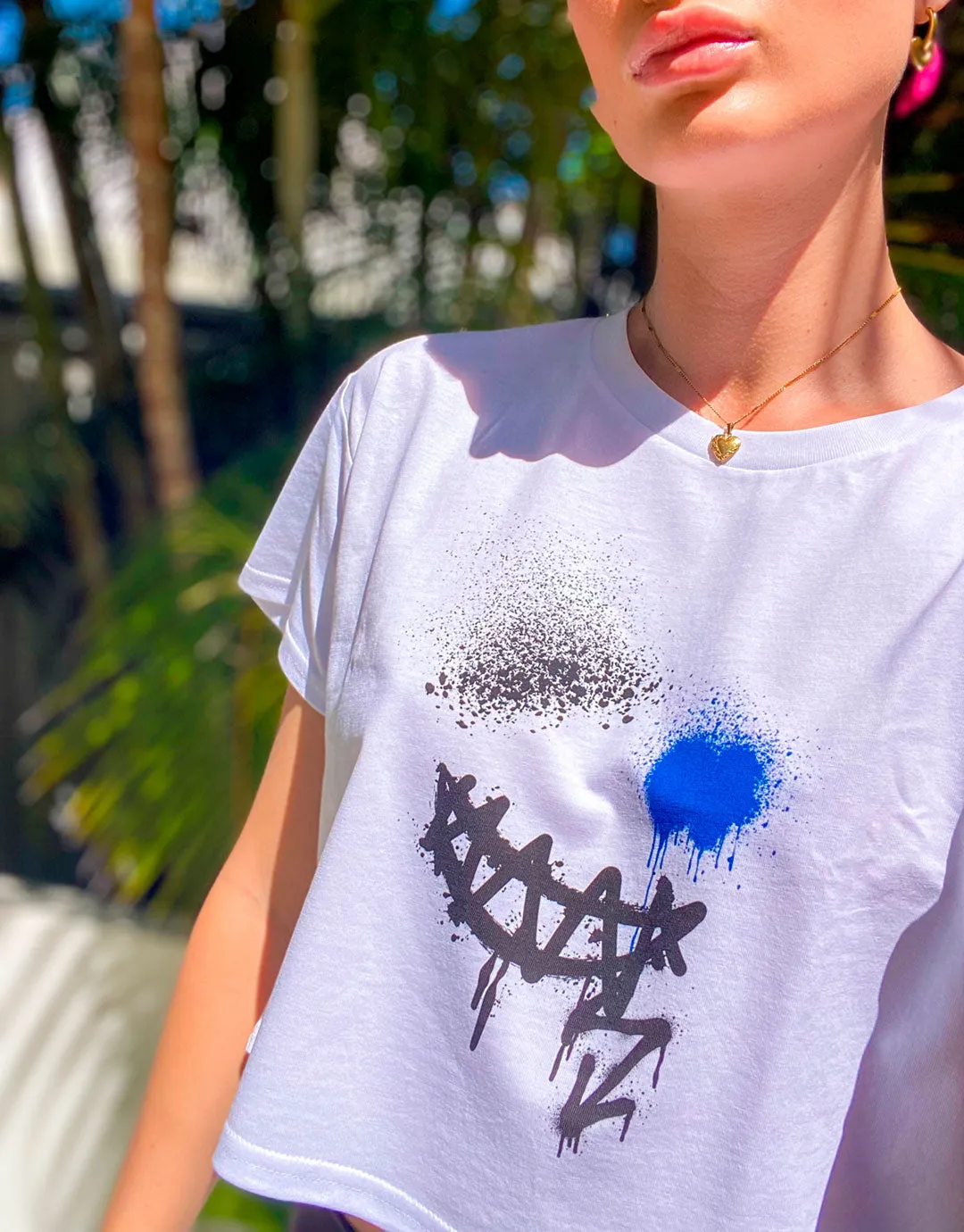 SMILE CROP TOP TEE Womens T-Shirt Premium White Cotton - B. Streetwear