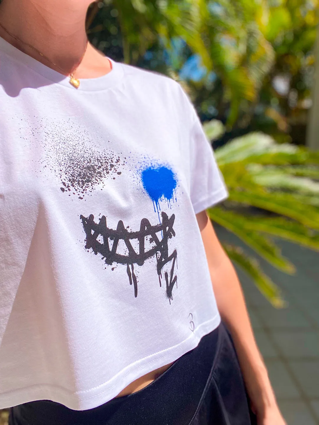 SMILE CROP TOP TEE Womens T-Shirt Premium White Cotton - B. Streetwear
