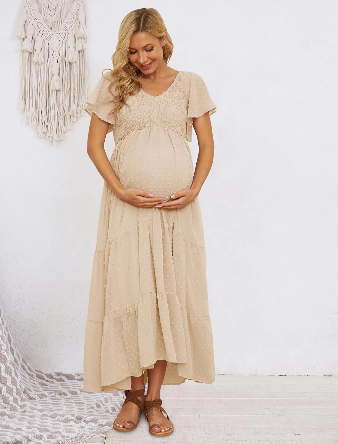 Swiss Dot Smocked Maternity Dress for Baby Shower Photoshoot Casual V Neck Ruffle Sleeve Empire Waist Tiered Boho Dress