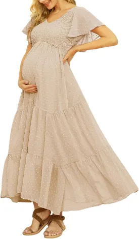 Swiss Dot Smocked Maternity Dress for Baby Shower Photoshoot Casual V Neck Ruffle Sleeve Empire Waist Tiered Boho Dress