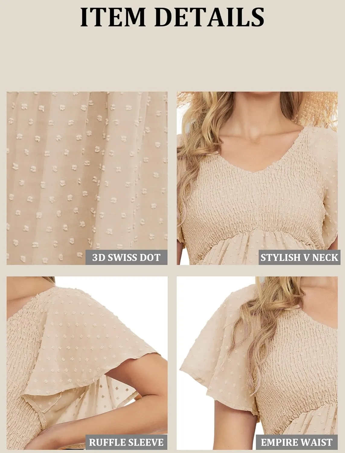Swiss Dot Smocked Maternity Dress for Baby Shower Photoshoot Casual V Neck Ruffle Sleeve Empire Waist Tiered Boho Dress