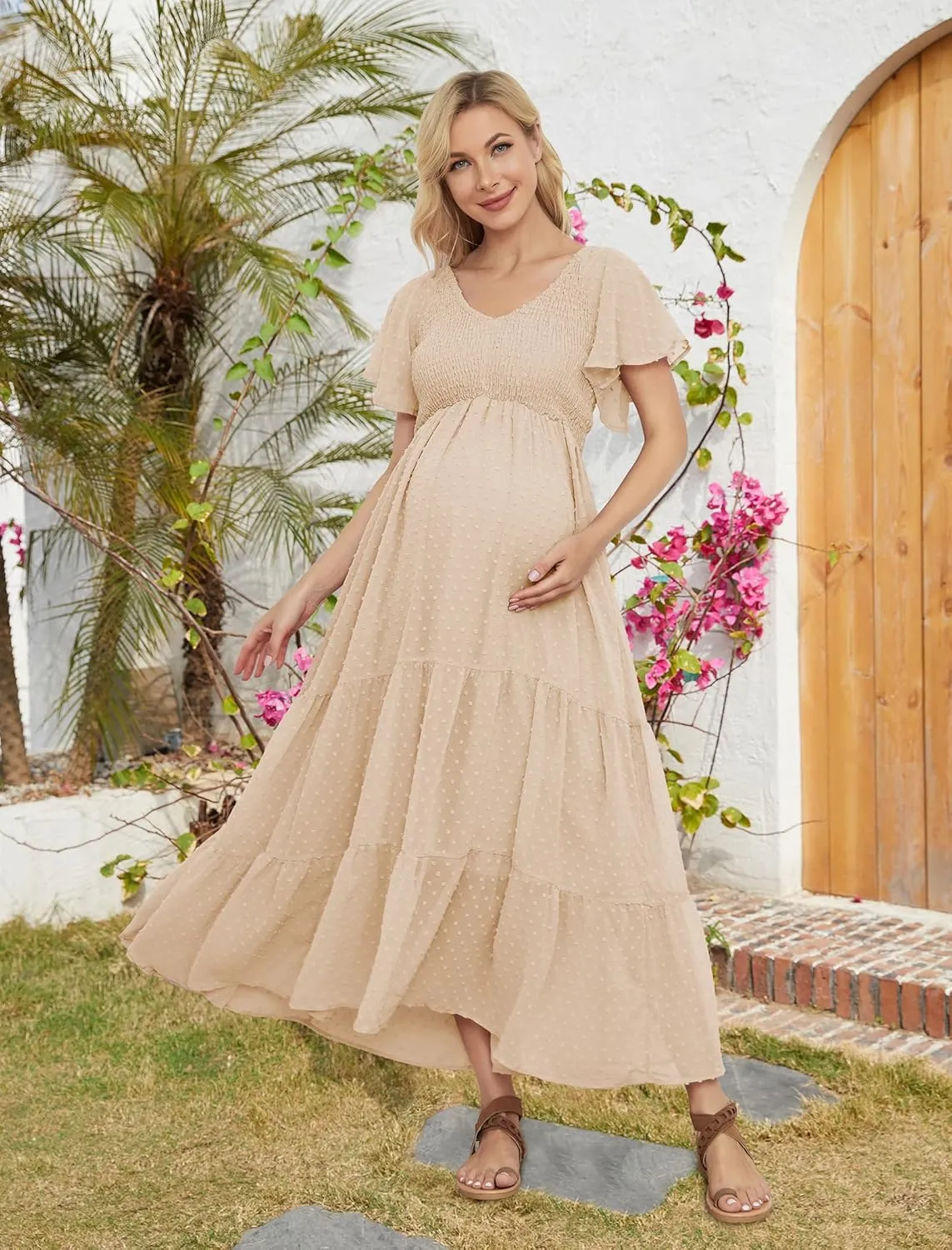 Swiss Dot Smocked Maternity Dress for Baby Shower Photoshoot Casual V Neck Ruffle Sleeve Empire Waist Tiered Boho Dress