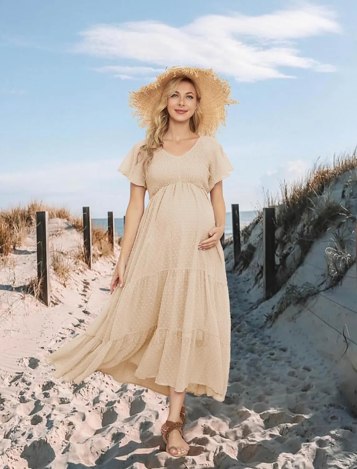 Swiss Dot Smocked Maternity Dress for Baby Shower Photoshoot Casual V Neck Ruffle Sleeve Empire Waist Tiered Boho Dress