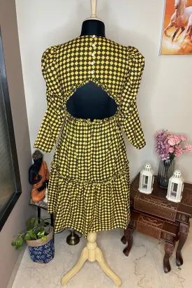 Taylor - Yellow and Brown Printed Back Cut Out Dress