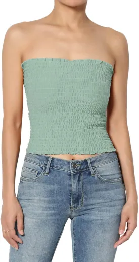 TheMogan Women's Strapless Smocked Crop Tube Top Scalloped Hem Stretch Bustier Bandeau