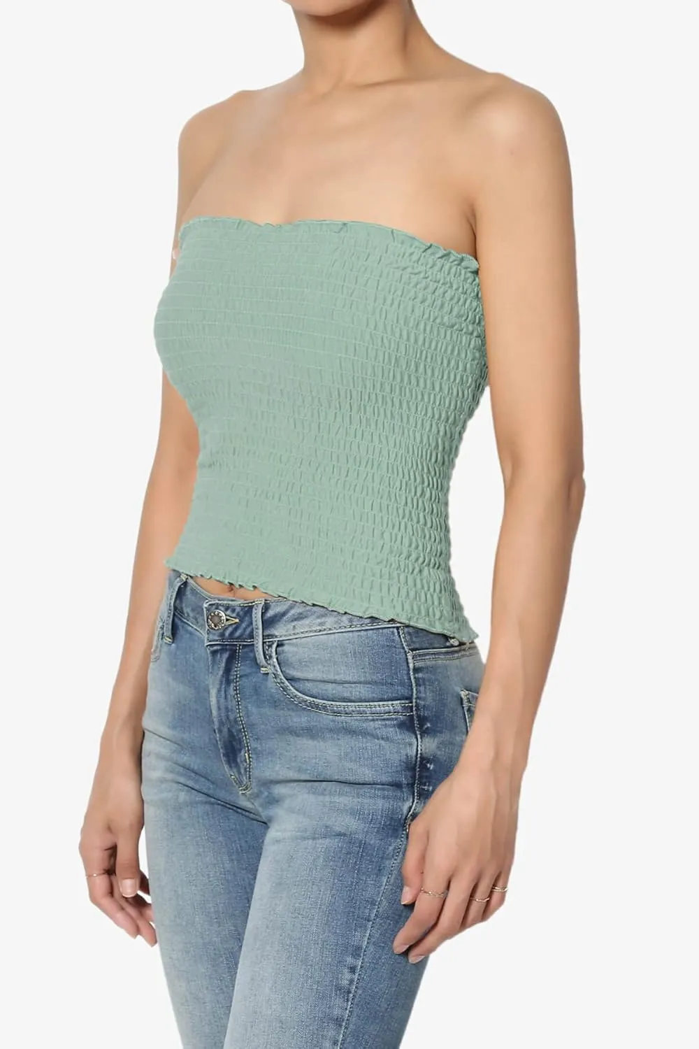 TheMogan Women's Strapless Smocked Crop Tube Top Scalloped Hem Stretch Bustier Bandeau