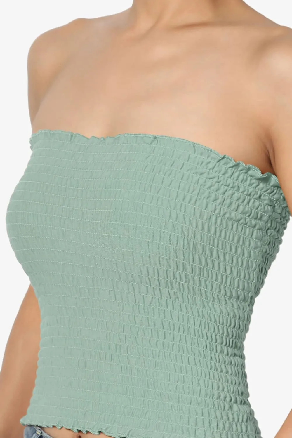 TheMogan Women's Strapless Smocked Crop Tube Top Scalloped Hem Stretch Bustier Bandeau