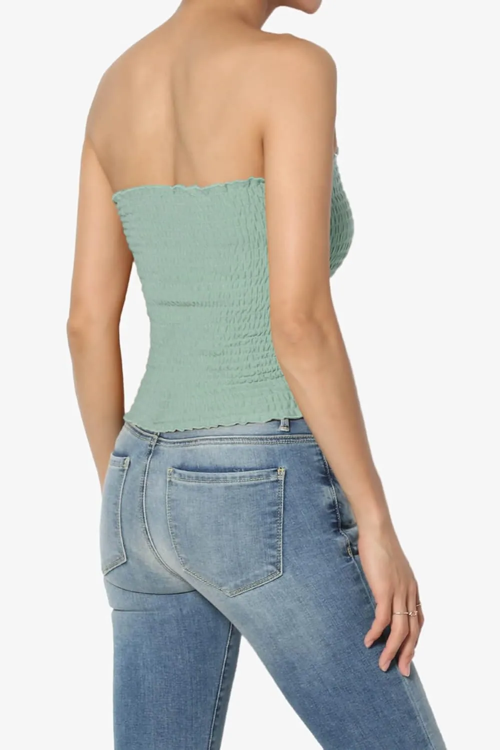 TheMogan Women's Strapless Smocked Crop Tube Top Scalloped Hem Stretch Bustier Bandeau