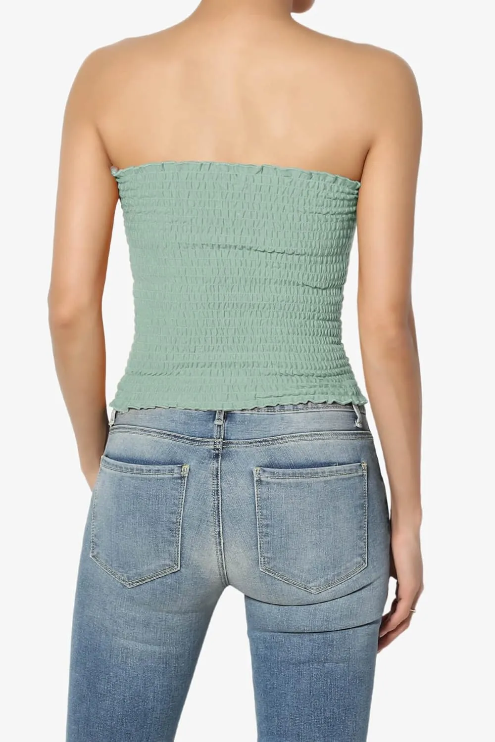TheMogan Women's Strapless Smocked Crop Tube Top Scalloped Hem Stretch Bustier Bandeau