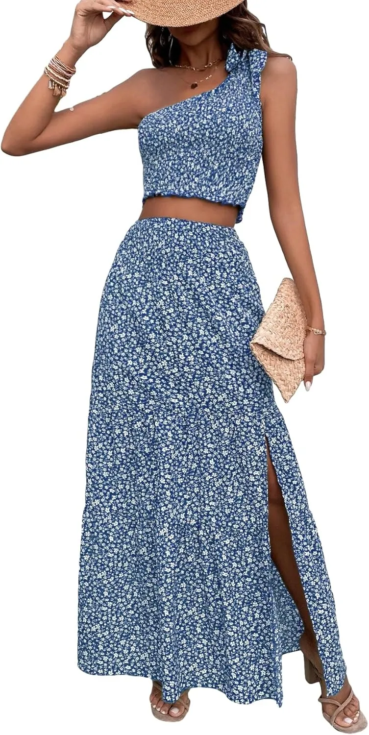 Verdusa Women's 2 Piece Outfit Floral Tie Shoulder Crop Top and Split Maxi Skirt Sets