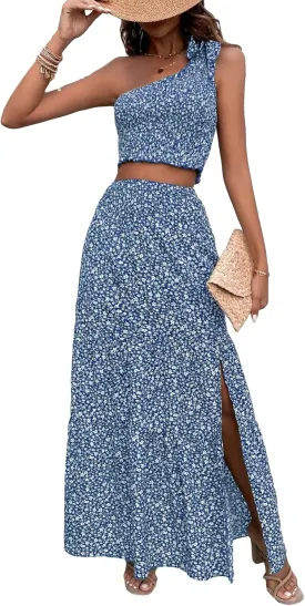Verdusa Women's 2 Piece Outfit Floral Tie Shoulder Crop Top and Split Maxi Skirt Sets
