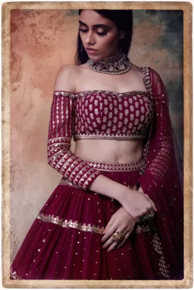 Wine off shoulder tier lehenga set