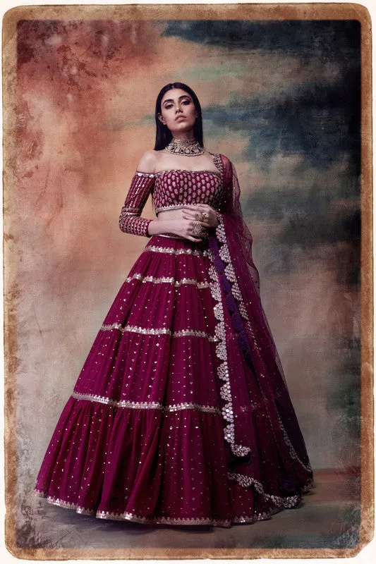 Wine off shoulder tier lehenga set