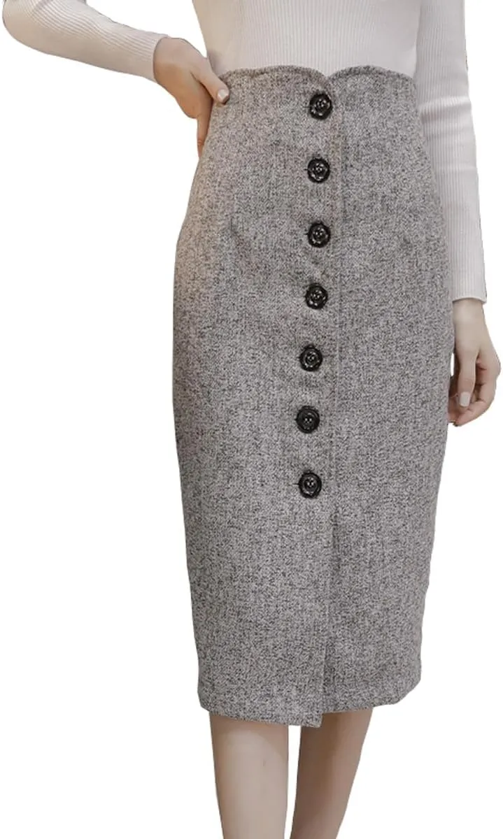 Women's Bodycon Hip-Wrapped Button Front High Waist Straight Pencil Skirt for Women Tummy Control Below The Knee