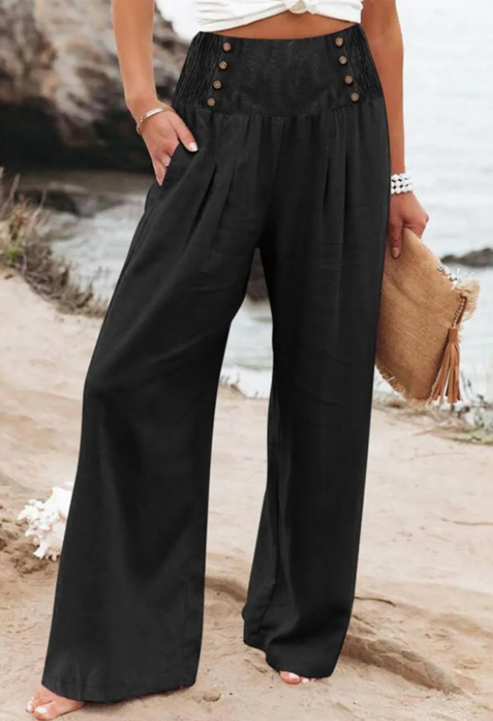 Womens High Waisted Wide Leg Palazzo Pants Casual Lounge Boho Flowy Pants with Pockets