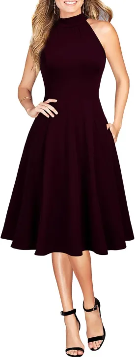 WOOSEA Womens Sleeveless Halter Neck Bodycon A-Line Cocktail Party Pockets Swing Dresses